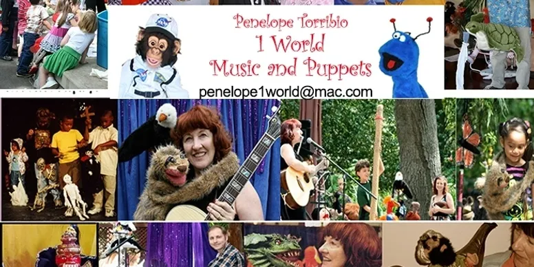 A collage of people with musical instruments and puppets.