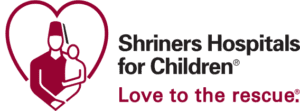A red and black logo for shriners hospital for children.