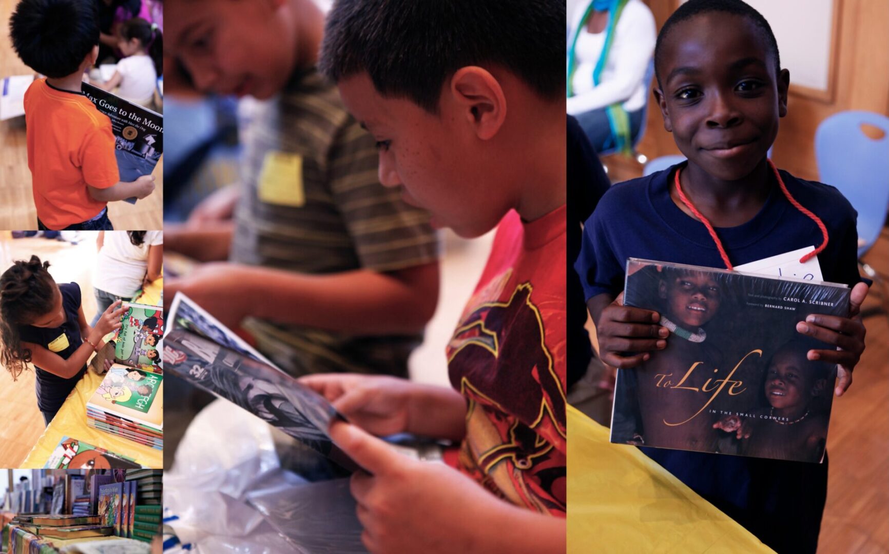 A group of young boys reading books.